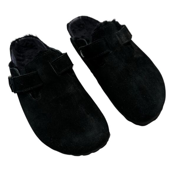 BIRKENSTOCK Black Shearling Lined Slippers Boston Clog Women's Size 6 - Picture 1 of 11
